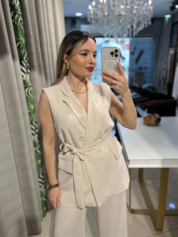 Taş Rengi Kemerli Yelek-Pantolon Takım