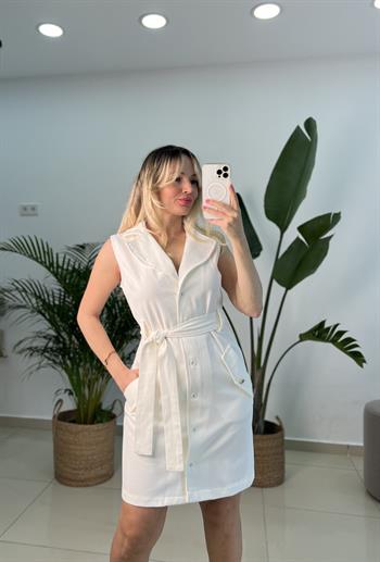 Tasarım Belden Kuşaklı Ekru Elbise 