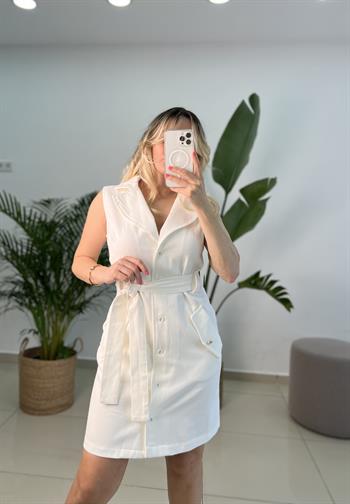 Tasarım Belden Kuşaklı Ekru Elbise 