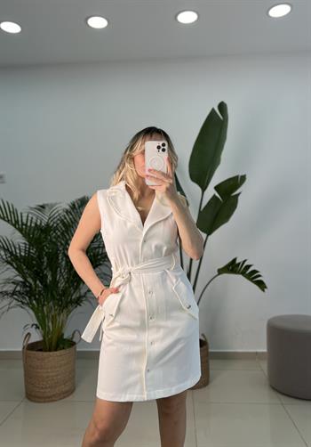 Tasarım Belden Kuşaklı Ekru Elbise 