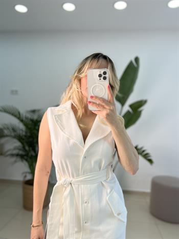 Tasarım Belden Kuşaklı Ekru Elbise 