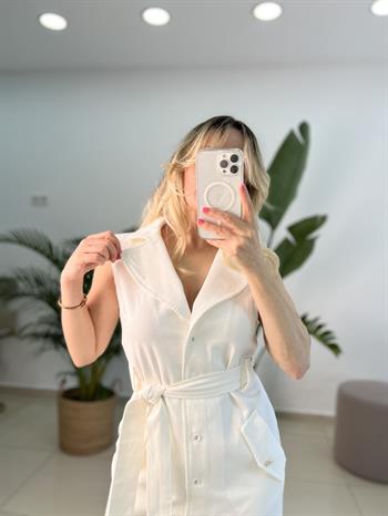 Tasarım Belden Kuşaklı Ekru Elbise 