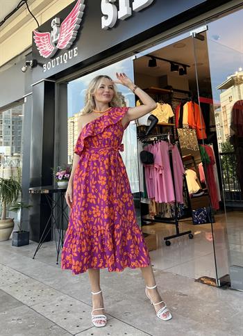 Tek Omuz Çiçek Desenli Turuncu Elbise