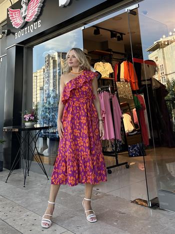 Tek Omuz Çiçek Desenli Turuncu Elbise