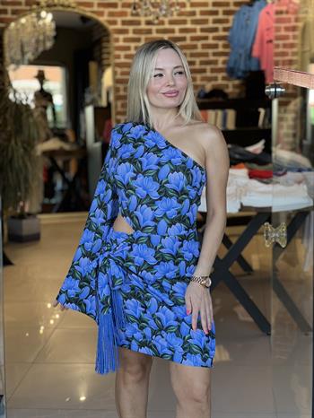 Tek Omuz Mor Desenli Elbise