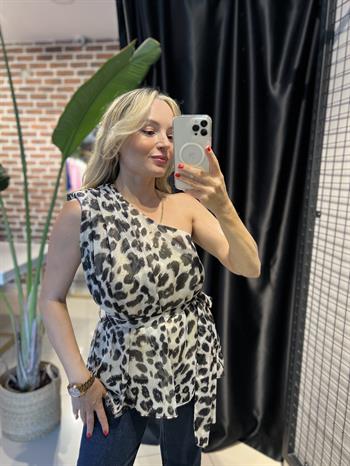 Tek Omuz Vatkalı Simli Leopar Bluz