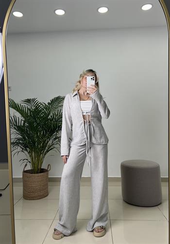 Tilda Bağlamalı Bluz Pantolon Gri Keten Takım 