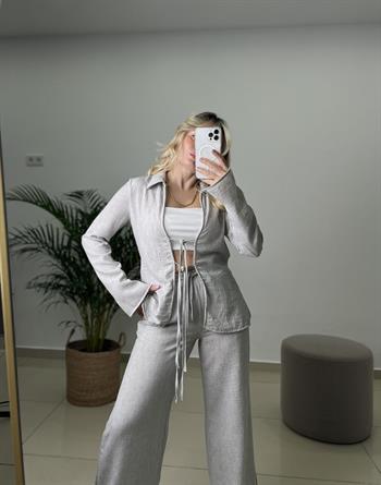 Tilda Bağlamalı Bluz Pantolon Gri Keten Takım 