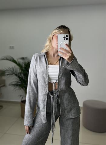 Tilda Bağlamalı Bluz Pantolon Koyu Gri Keten Takım