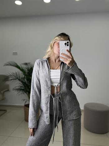 Tilda Bağlamalı Bluz Pantolon Koyu Gri Keten Takım