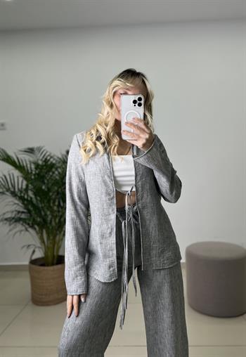 Tilda Bağlamalı Bluz Pantolon Koyu Gri Keten Takım