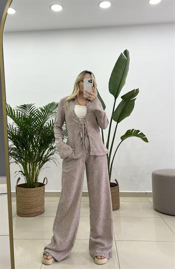 Tilda Bağlamalı Bluz Pantolon Sütlü Kahve Keten Takım