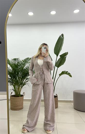 Tilda Bağlamalı Bluz Pantolon Sütlü Kahve Keten Takım