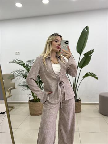 Tilda Bağlamalı Bluz Pantolon Sütlü Kahve Keten Takım
