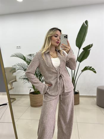 Tilda Bağlamalı Bluz Pantolon Sütlü Kahve Keten Takım