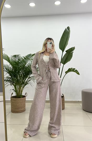 Tilda Bağlamalı Bluz Pantolon Sütlü Kahve Keten Takım