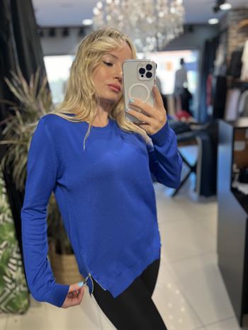 Tok Dokuda Fermuar Aksesuarlı Merserize Mavi Triko