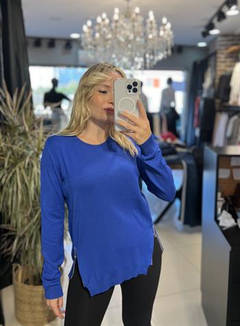 Tok Dokuda Fermuar Aksesuarlı Merserize Mavi Triko