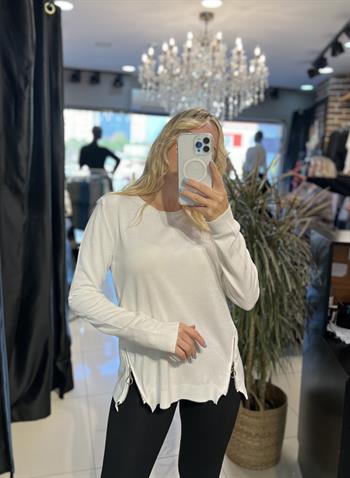 Tok Dokuda Fermuar Detaylı Beyaz Merserize Triko