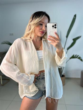 Transparan V Yaka Krem Gömlek