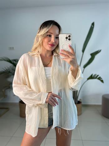 Transparan V Yaka Krem Gömlek