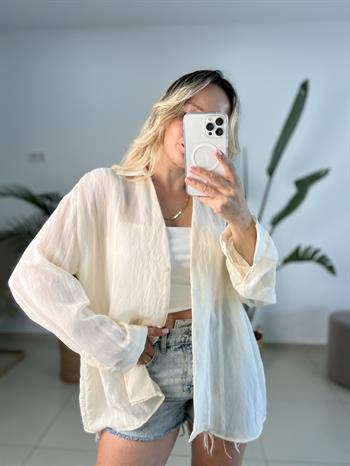 Transparan V Yaka Krem Gömlek