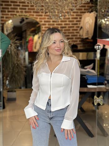 Tül Detaylı Önü Fermuarlı Beyaz Bluz