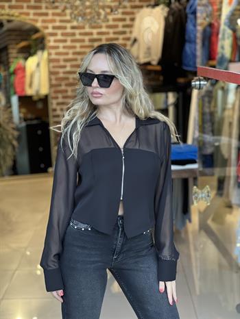 Tül Detaylı Önü Fermuarlı Bluz