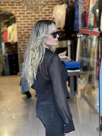 Tül Detaylı Önü Fermuarlı Bluz