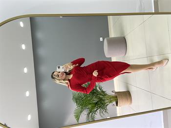 Uzun Kol Kruvaze Yaka Kırmızı Kalem Elbise 