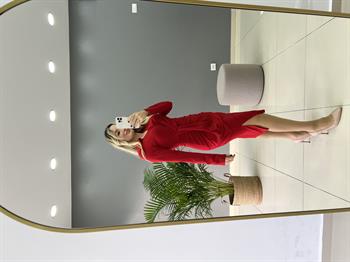 Uzun Kol Kruvaze Yaka Kırmızı Kalem Elbise 