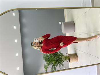 Uzun Kol Kruvaze Yaka Kırmızı Kalem Elbise 