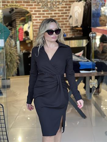 Uzun Kol Kruvaze Yaka Siyah Kalem Elbise