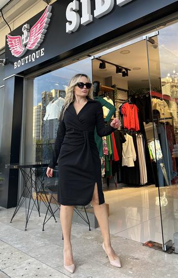 Uzun Kol Kruvaze Yaka Siyah Kalem Elbise