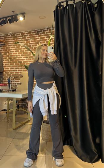 Uzun Kollu Antrasit Crop Eşofman Takım