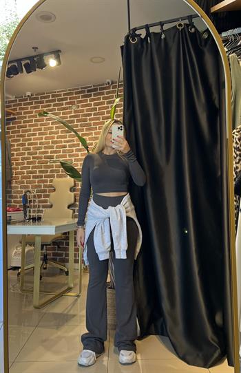 Uzun Kollu Antrasit Crop Eşofman Takım