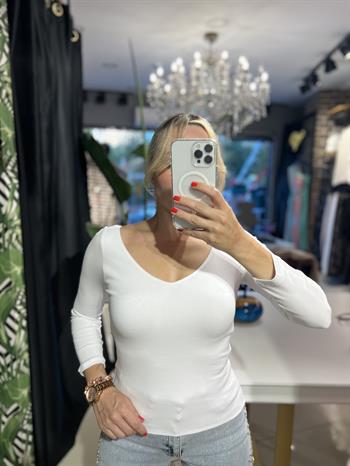 Uzun Kollu V Dekolteli Beyaz Body Top