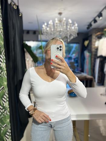 Uzun Kollu V Dekolteli Beyaz Body Top