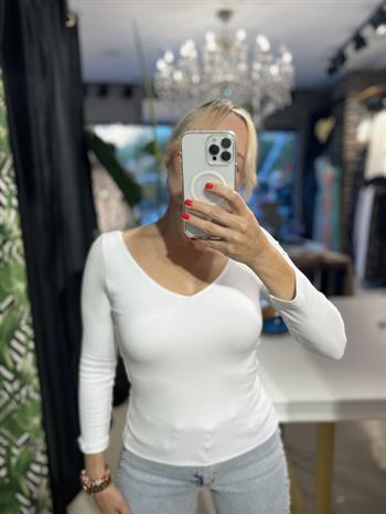 Uzun Kollu V Dekolteli Beyaz Body Top