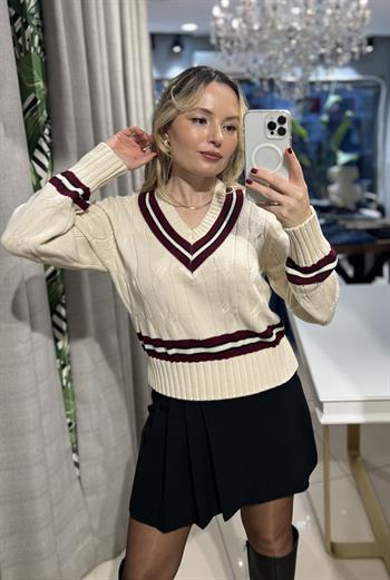 V Yaka Bordo Çizgili Ekru  Triko Kazak