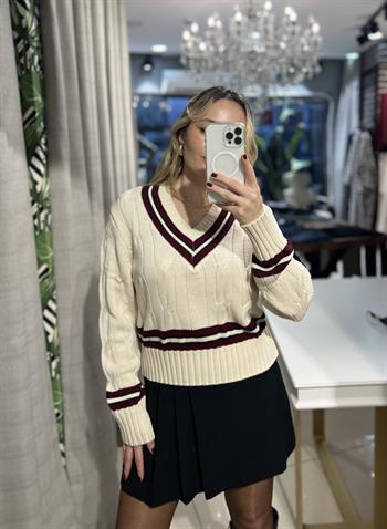 V Yaka Bordo Çizgili Ekru  Triko Kazak