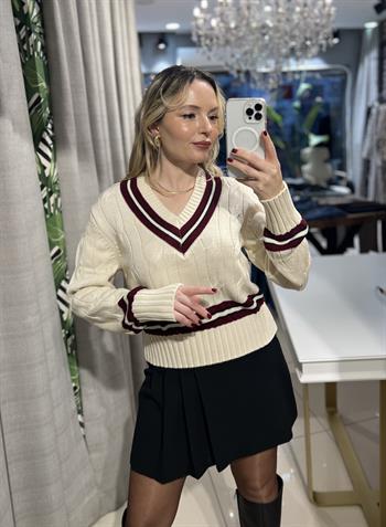 V Yaka Bordo Çizgili Ekru  Triko Kazak