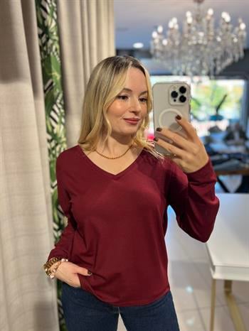 V Yaka Bordo Likralı Penye Bluz