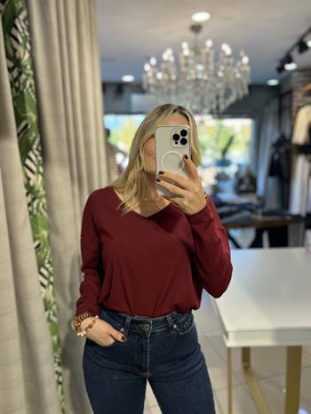 V Yaka Bordo Likralı Penye Bluz