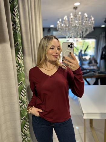 V Yaka Bordo Likralı Penye Bluz