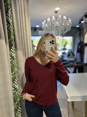 V Yaka Bordo Likralı Penye Bluz