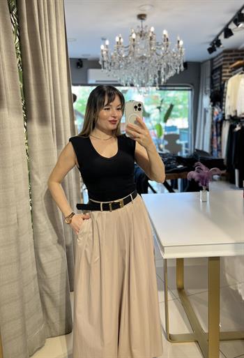 V Yaka İki Renk Vatkalı Maksi Boy Elbise