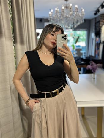 V Yaka İki Renk Vatkalı Maksi Boy Elbise