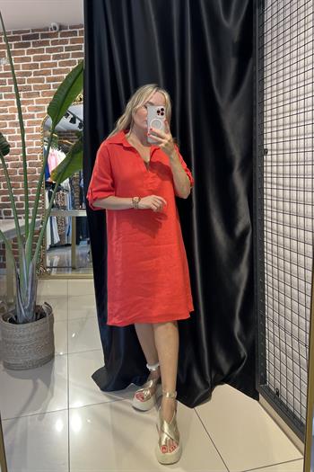 V Yaka Nar Çiçeği  Ara Boy Keten Elbise