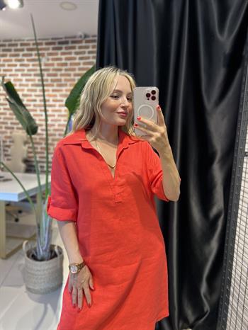 V Yaka Nar Çiçeği  Ara Boy Keten Elbise